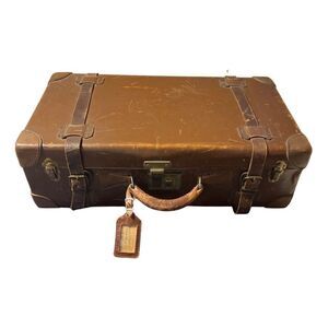 Large Antique Brown Leather Suitcase with Belted Straps 1914 Retro Old Charm
